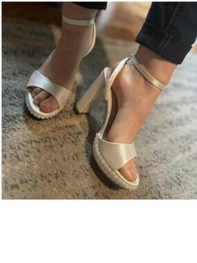 FYS White Platform Open Toe Sandals Ankle Strap Block High Heels Pearl Shoes